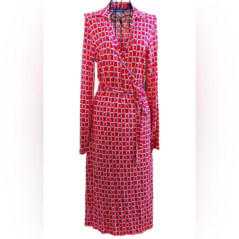EUC Boden Cool Red, White, & Periwinkle Blue Wrap Dress